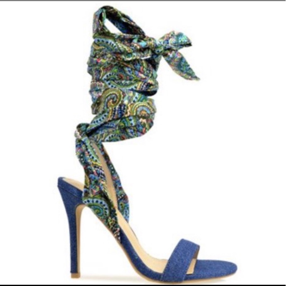 Navy Blue Paisley Wrap Ankle Strap Stiletto Heels